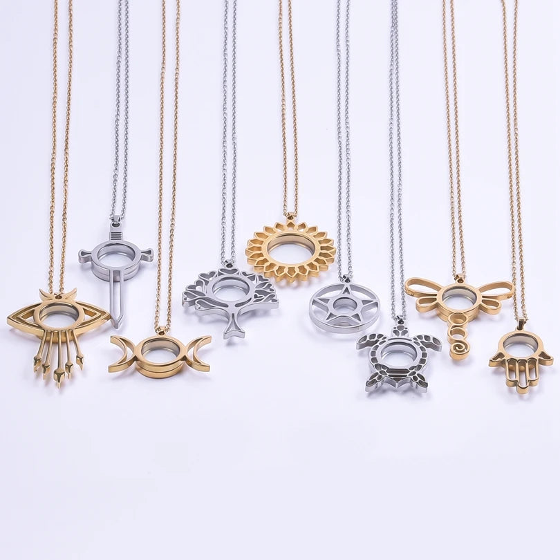 1Pc Gothic Moon Cross Round Memory Relicario Pendant Necklaces Jewelry Animal Glass Floating Cremation Ashes Locket Men Collares