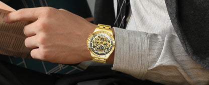 OLEVS Lxuxry Brand Gold Men's Watches Full Skeleton Stainless steel Chronograph Wristwatch Waterproof Luminous Quartz Watch Men