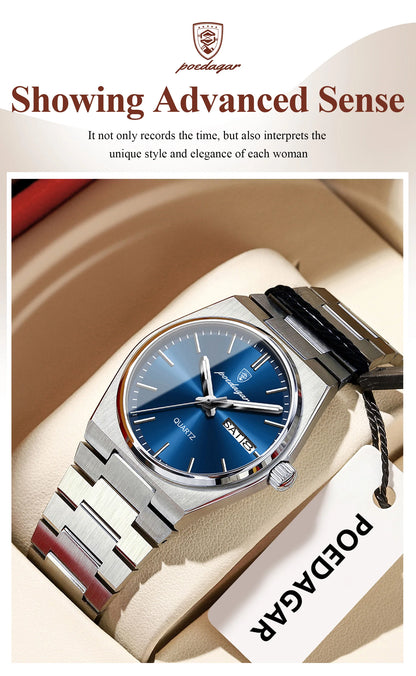 POEDAGAR Top Exquisite Woman Wristwatch Waterproof Luminous Quartz Casual Ladies Watch Date Week Stainless Steel Women's Watches