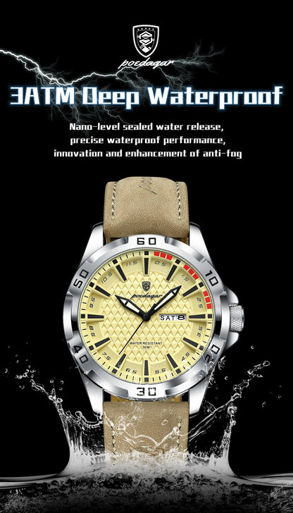 POEDAGAR Original Business Man Wristwatch Waterproof Luminous Date Week Casual Watch For Men Quartz Leather Luxury Fashion Men's Watches Reloj