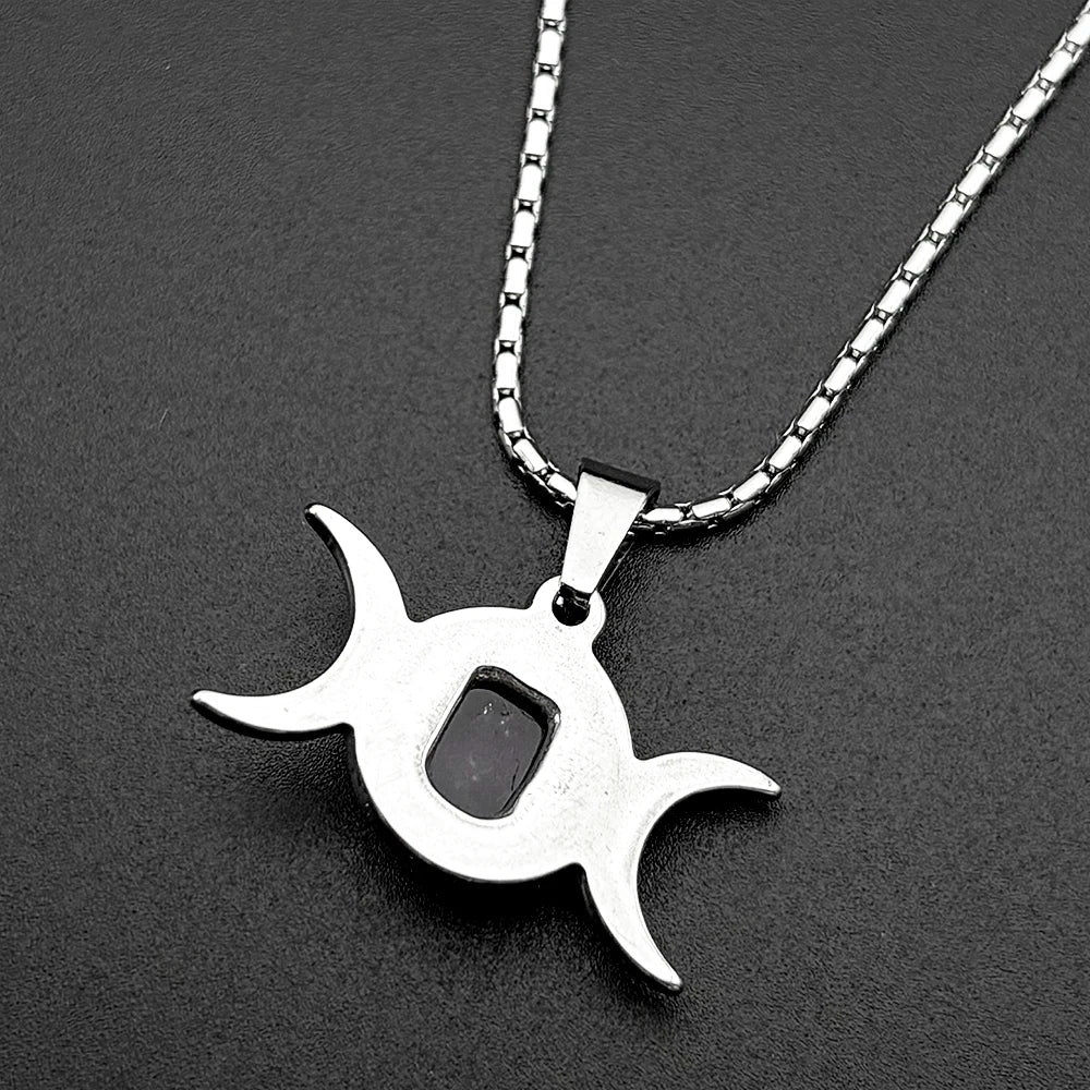 Witchcraft Triple Moon Amethyst Pendant Necklace Wicca Stainless Steel Gold Color Triple Goddess Chain Necklaces Jewelry Gift