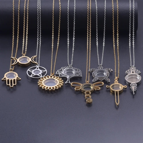 1Pc Gothic Moon Cross Round Memory Relicario Pendant Necklaces Jewelry Animal Glass Floating Cremation Ashes Locket Men Collares