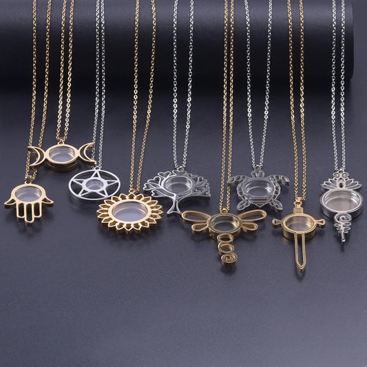 1Pc Gothic Moon Cross Round Memory Relicario Pendant Necklaces Jewelry Animal Glass Floating Cremation Ashes Locket Men Collares