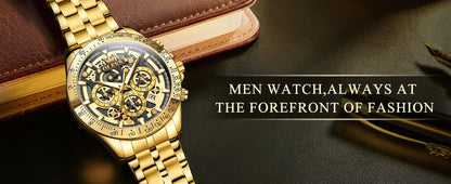 OLEVS Lxuxry Brand Gold Men's Watches Full Skeleton Stainless steel Chronograph Wristwatch Waterproof Luminous Quartz Watch Men