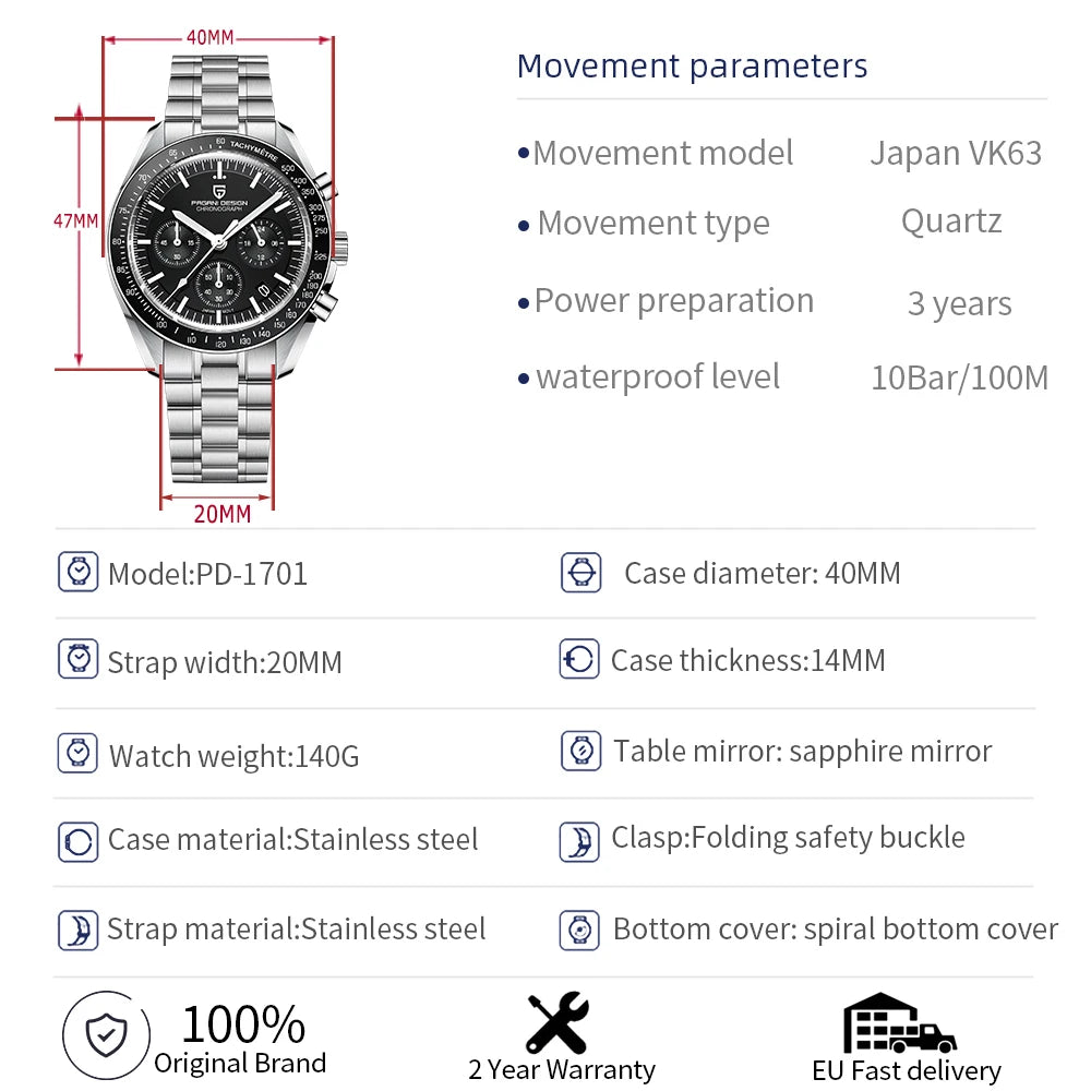 PAGANI DESIGN 2026 New Men Watches Luxury Quartz Watch For Men Auto Date Chronograph Sapphire crystal Stainless steel Wristwatch