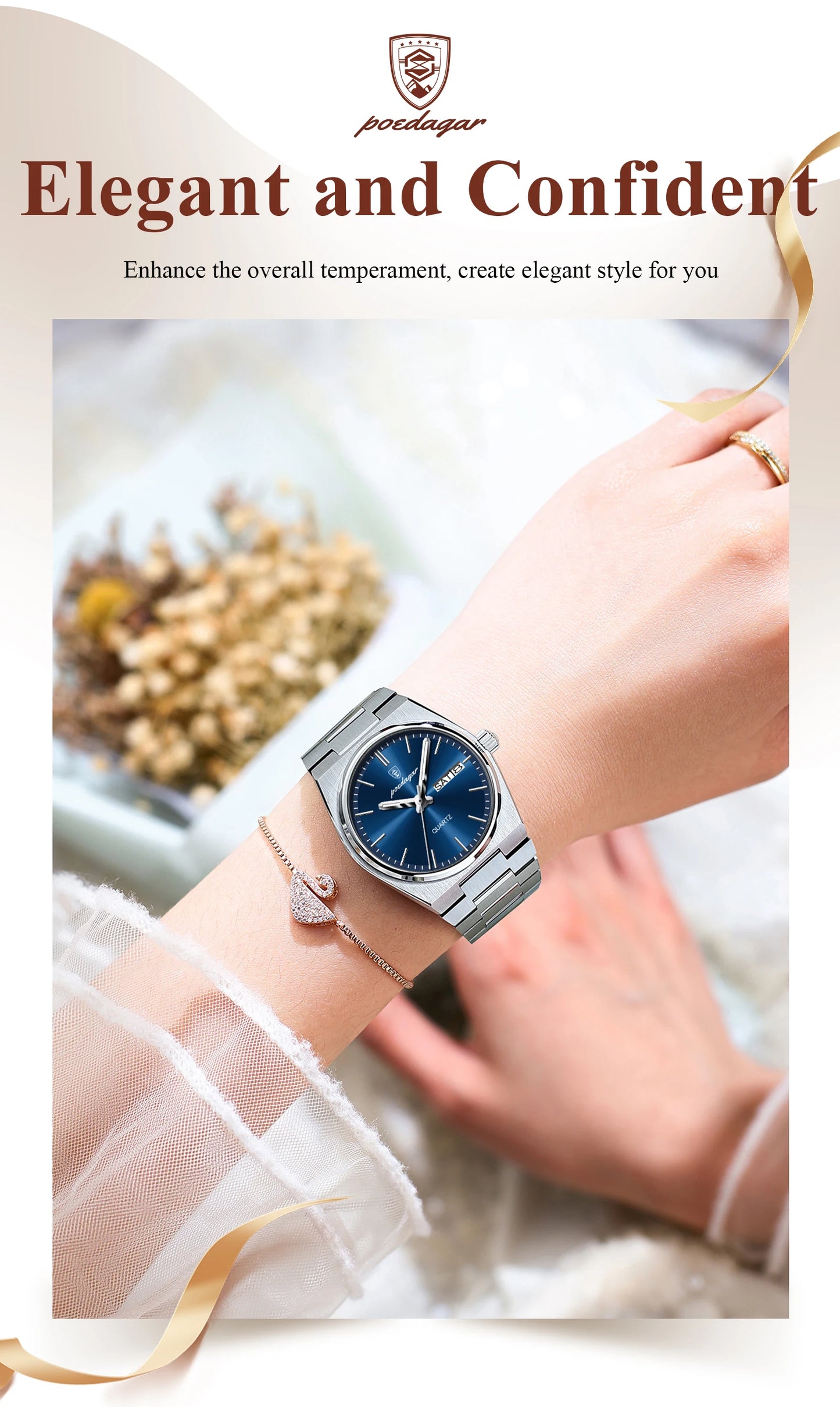POEDAGAR Top Exquisite Woman Wristwatch Waterproof Luminous Quartz Casual Ladies Watch Date Week Stainless Steel Women's Watches