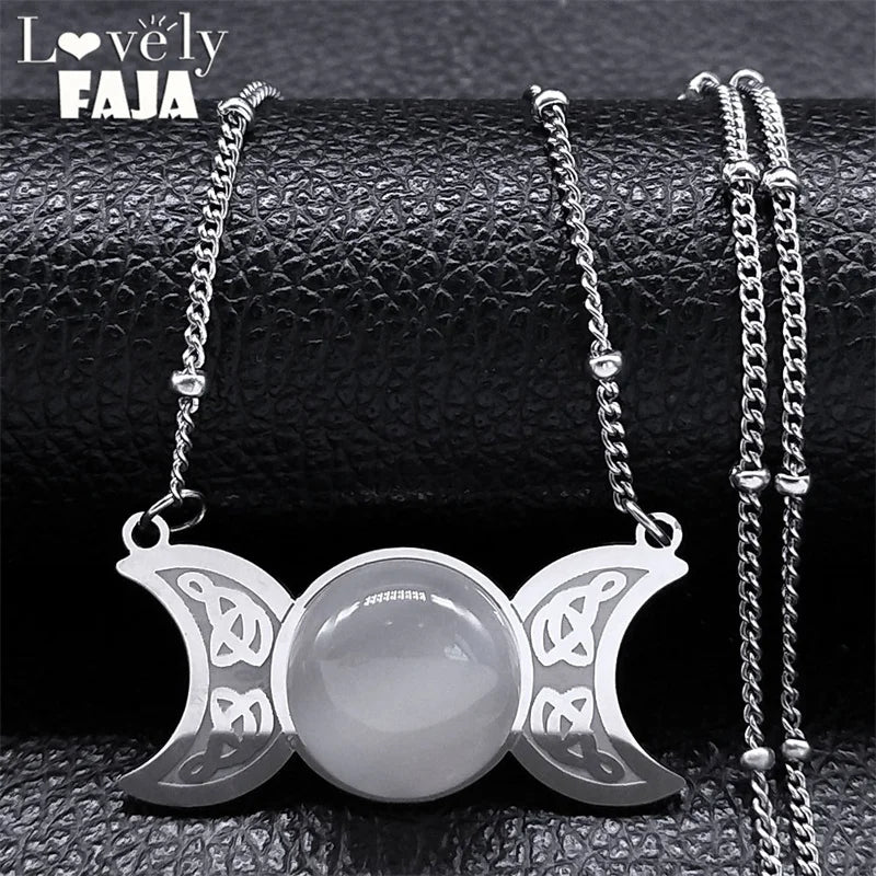 New Witchcraft Triple Moon Pendant Celtic Witch Knot Necklace Wicca Stainless Steel Opal Stone Triple  Goddess Necklaces Jewelry