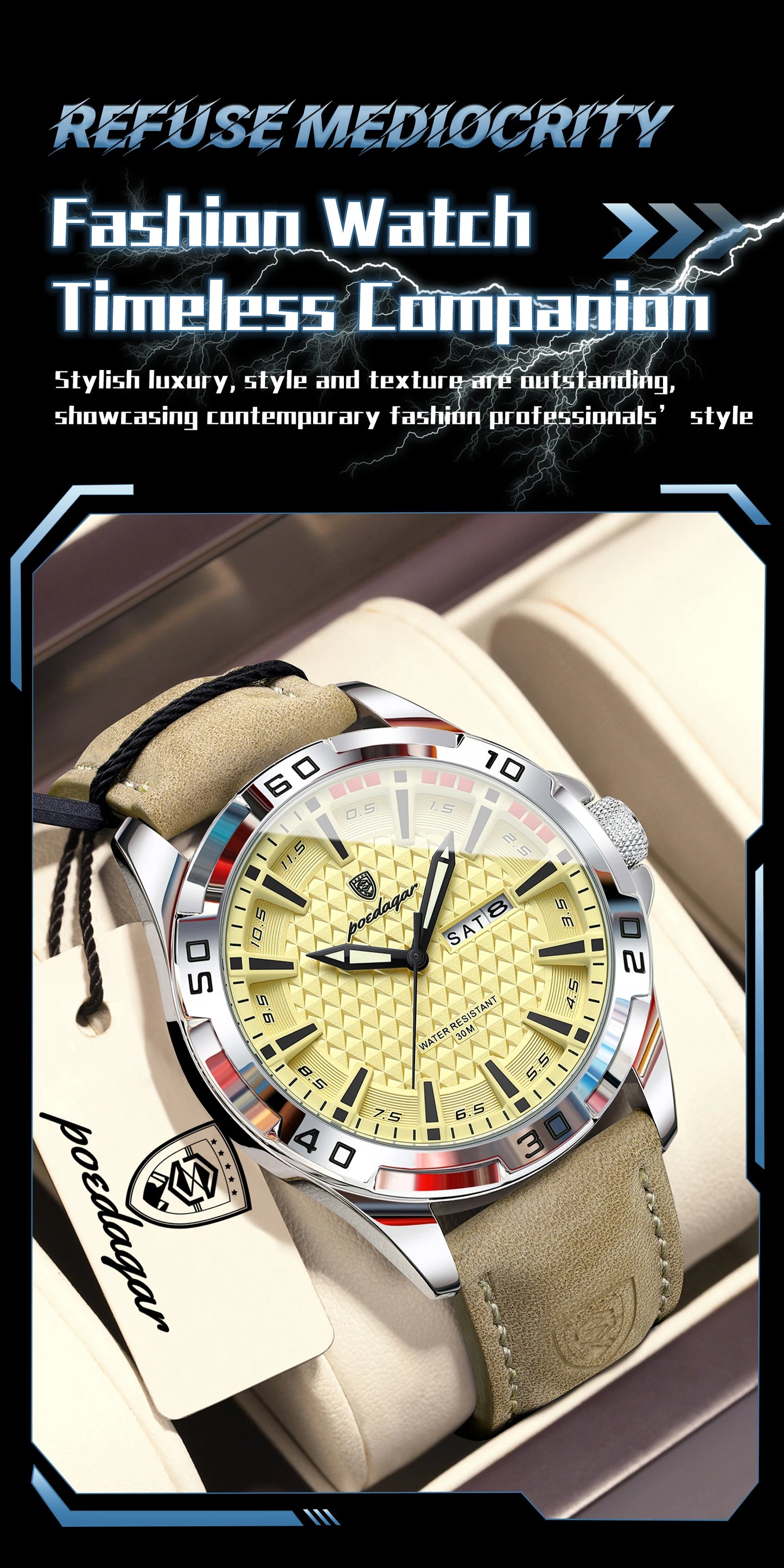 POEDAGAR Original Business Man Wristwatch Waterproof Luminous Date Week Casual Watch For Men Quartz Leather Luxury Fashion Men's Watches Reloj