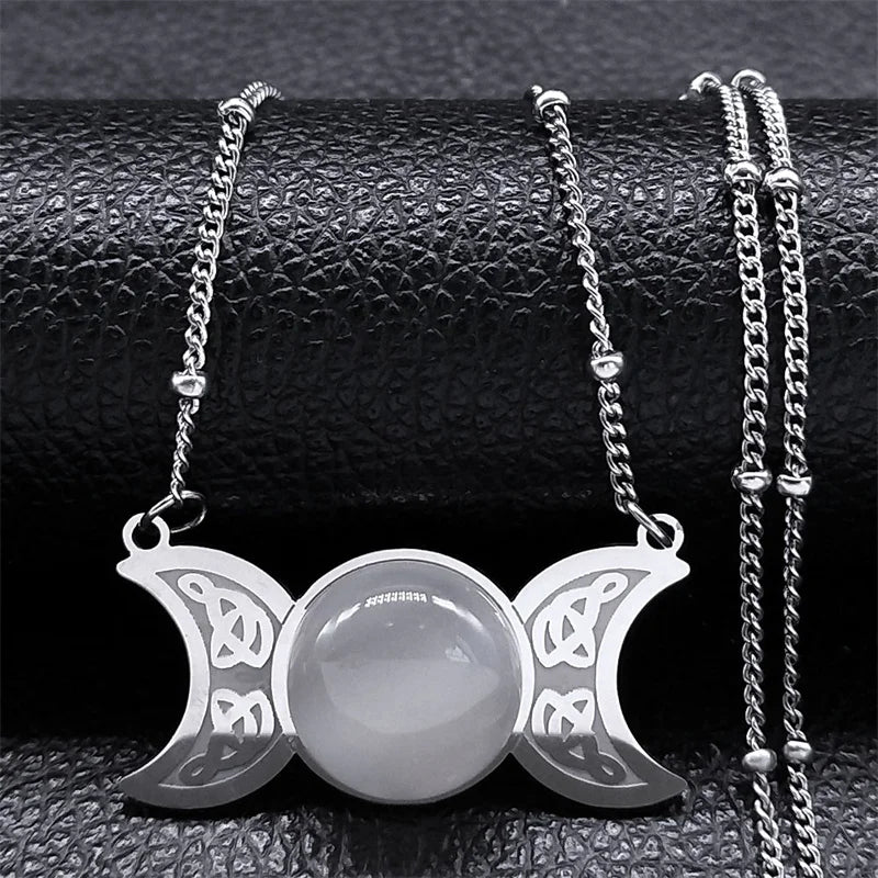 New Witchcraft Triple Moon Pendant Celtic Witch Knot Necklace Wicca Stainless Steel Opal Stone Triple  Goddess Necklaces Jewelry