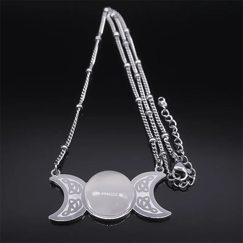 New Witchcraft Triple Moon Pendant Celtic Witch Knot Necklace Wicca Stainless Steel Opal Stone Triple  Goddess Necklaces Jewelry
