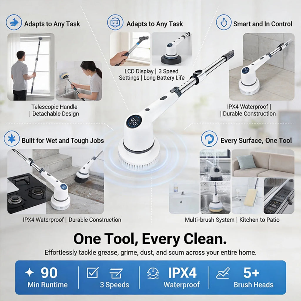 Cordless Electric Spin Cleaning Brush with 8 Brush Heads, 1300mAh Battery & 3 Speeds (350/400/450 RPM), Extendable Handle