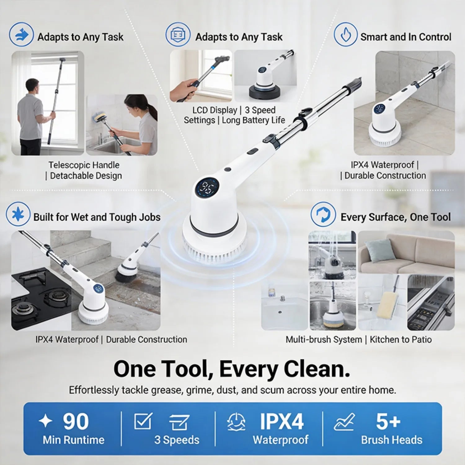 Cordless Electric Spin Cleaning Brush with 8 Brush Heads, 1300mAh Battery & 3 Speeds (350/400/450 RPM), Extendable Handle