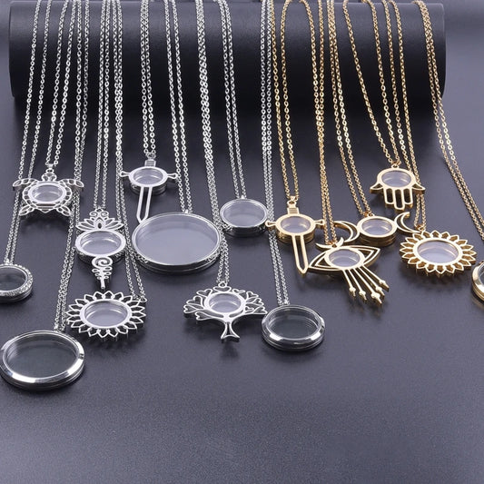 1Pc Gothic Moon Cross Round Memory Relicario Pendant Necklaces Jewelry Animal Glass Floating Cremation Ashes Locket Men Collares