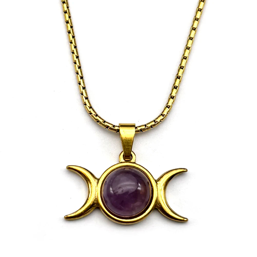Witchcraft Triple Moon Amethyst Pendant Necklace Wicca Stainless Steel Gold Color Triple Goddess Chain Necklaces Jewelry Gift