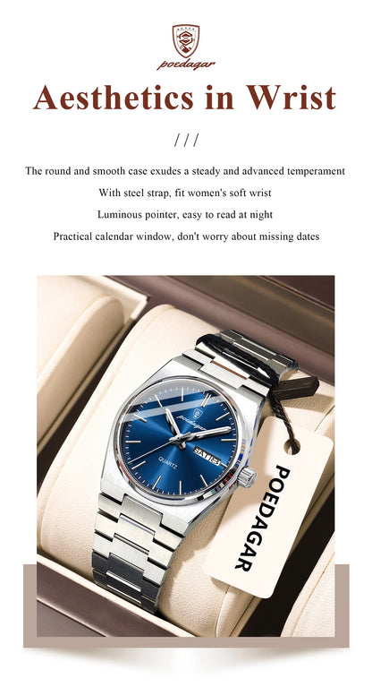 POEDAGAR Top Exquisite Woman Wristwatch Waterproof Luminous Quartz Casual Ladies Watch Date Week Stainless Steel Women's Watches