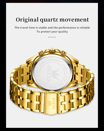 OLEVS Lxuxry Brand Gold Men's Watches Full Skeleton Stainless steel Chronograph Wristwatch Waterproof Luminous Quartz Watch Men