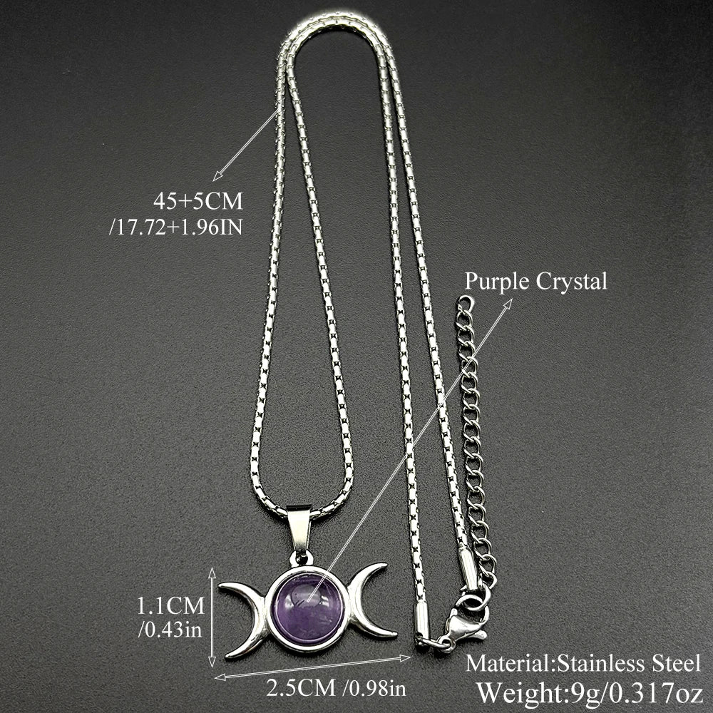 Witchcraft Triple Moon Amethyst Pendant Necklace Wicca Stainless Steel Gold Color Triple Goddess Chain Necklaces Jewelry Gift