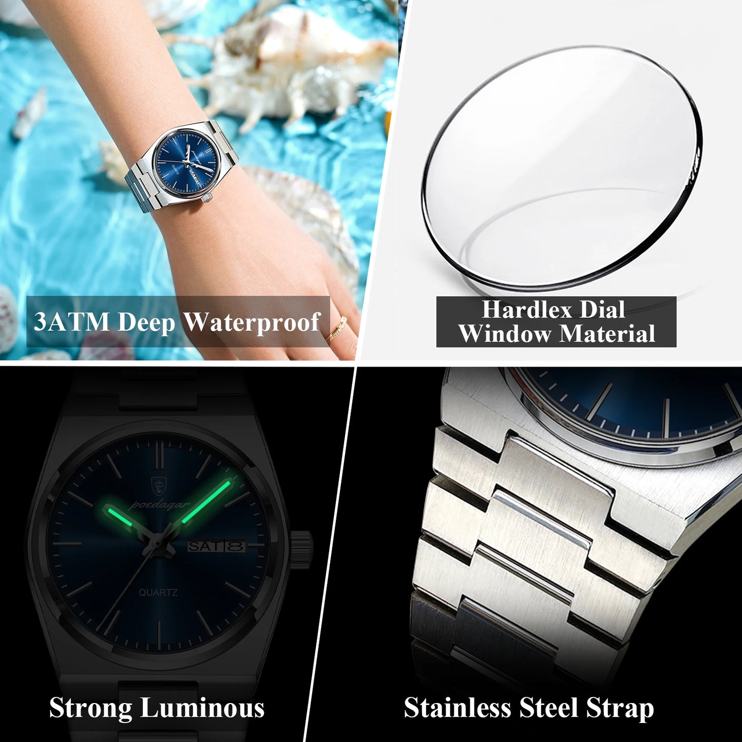 POEDAGAR Top Exquisite Woman Wristwatch Waterproof Luminous Quartz Casual Ladies Watch Date Week Stainless Steel Women's Watches